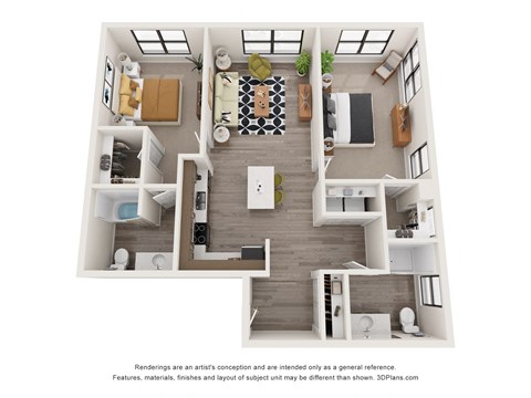 Floor plan for 2 beds, 2 baths, 1114 sqft